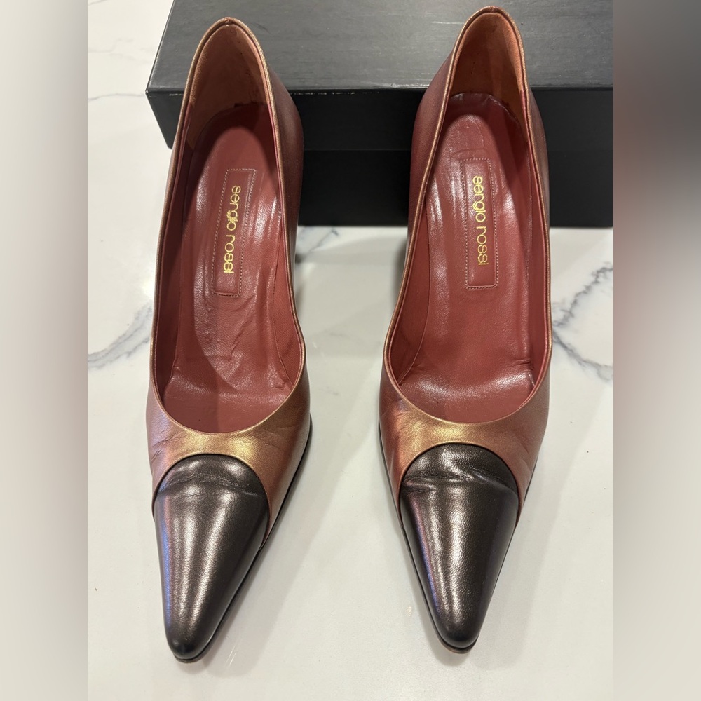 Sergio Rossi stunning high heal Gold and Chocolate Bronze.